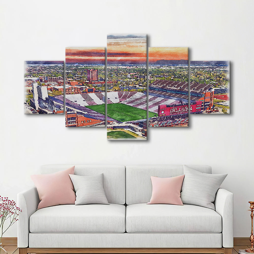 Oklahoma Memorial Stadium, Oklahoma College Painting Stadium, Sport Art, Mixed 5 Panel, Canvas Print Wall Art