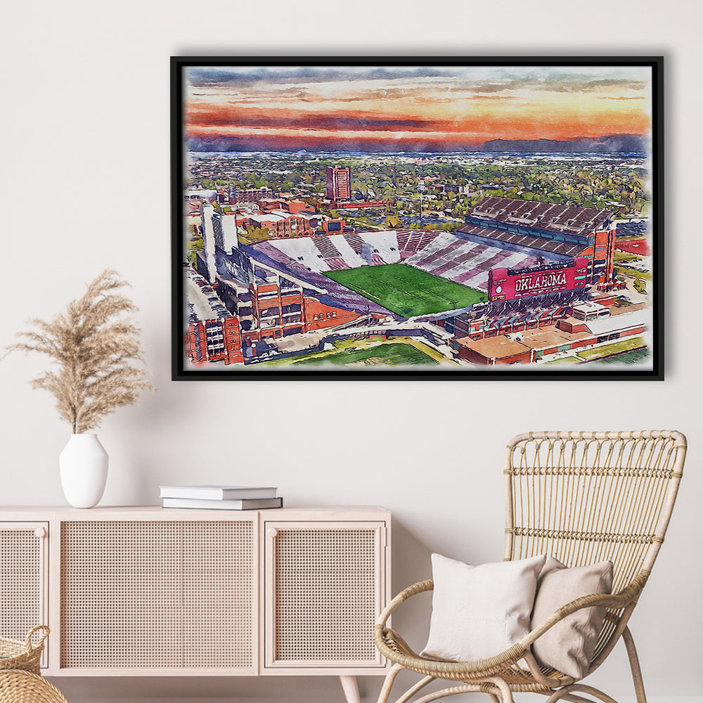 Oklahoma Memorial Stadium, Oklahoma College Painting Stadium, Sport Gift Art, Framed Canvas Print Wall Art