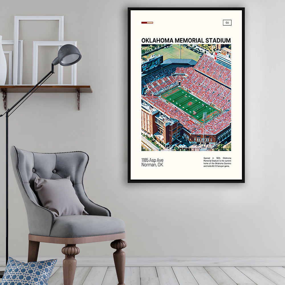 Oklahoma Memorial Stadium Print, Oklahoma Sooners Stadium Canvas Art, Man Cave Gift, Floating Framed Canvas Print Wall Art