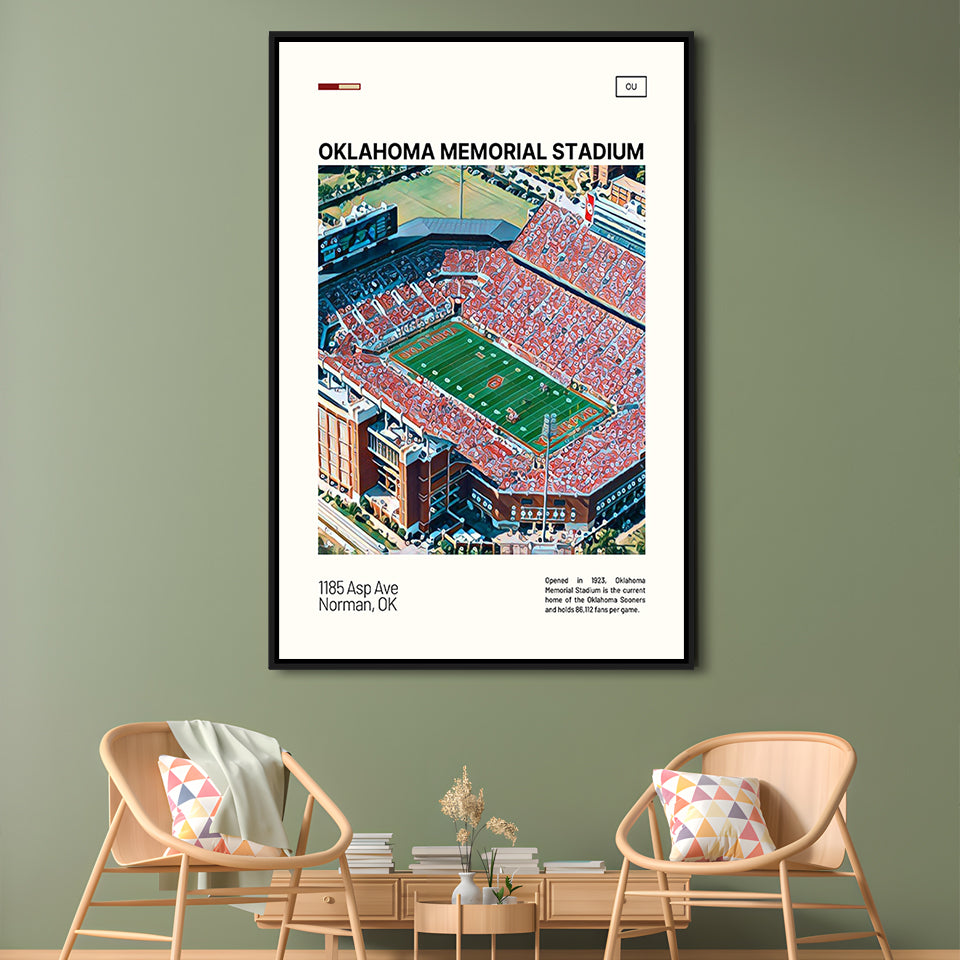 Oklahoma Memorial Stadium Print, Oklahoma Sooners Stadium Canvas Art, Man Cave Gift, Floating Framed Canvas Print Wall Art