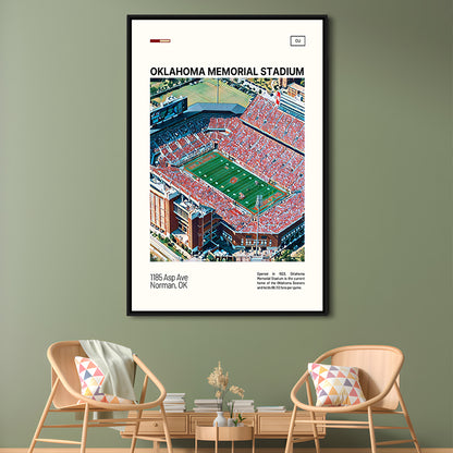 Oklahoma Memorial Stadium Print, Oklahoma Sooners Stadium Canvas Art, Man Cave Gift, Floating Framed Canvas Print Wall Art