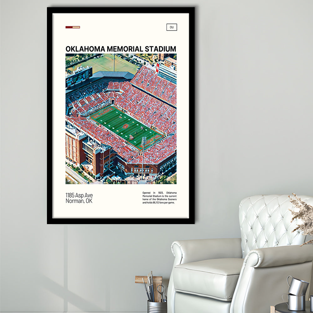 Oklahoma Memorial Stadium Print, Oklahoma Sooners Stadium Art, Gifts for him, Sport Art, Framed Art Print Wall Decor