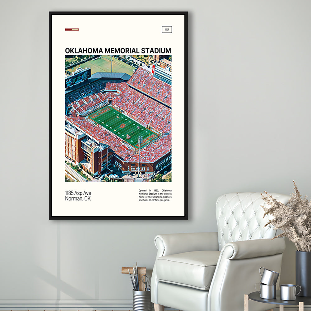 Oklahoma Memorial Stadium Print, Oklahoma Sooners Stadium Canvas Art, Man Cave Gift, Floating Framed Canvas Print Wall Art