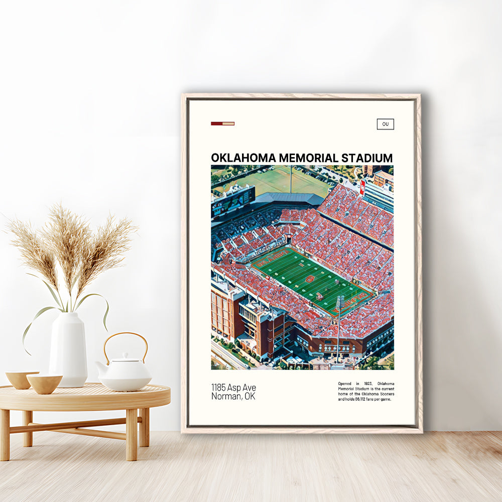 Oklahoma Memorial Stadium Print, Oklahoma Sooners Stadium Canvas Art, Man Cave Gift, Floating Framed Canvas Print Wall Art