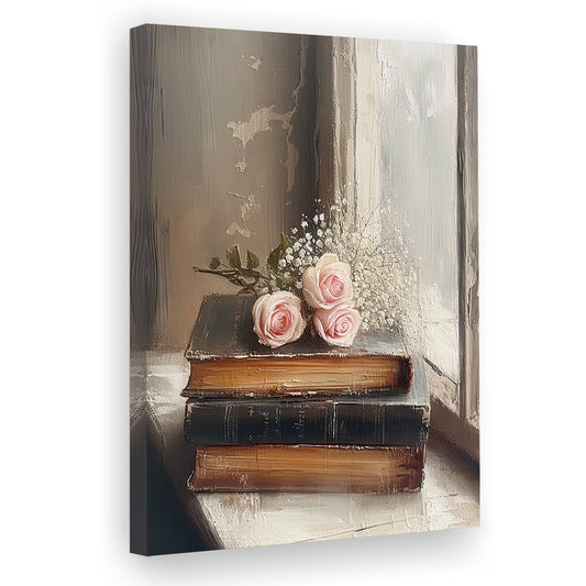 Old Books Oil Painting Vintage Print Cottagecore Flowers Academia Still Life, Canvas Print Wall Art, Wall Decor, Painting Canvas