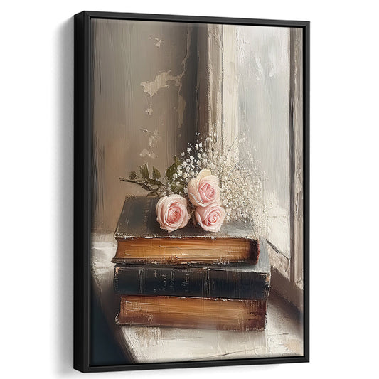 Old Books Oil Painting Vintage Print Cottagecore Flowers Academia Still Life, Framed Canvas Print Wall Art, Floating Frame