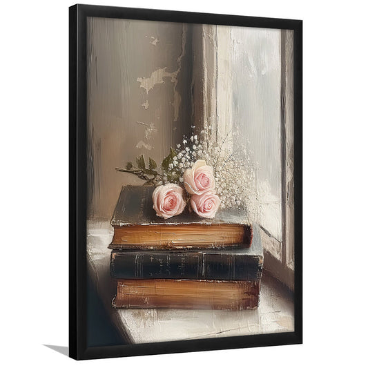 Old Books Oil Painting Vintage Print Cottagecore Flowers Academia Still Life, Framed Art Print Wall Decor, Picture Framed