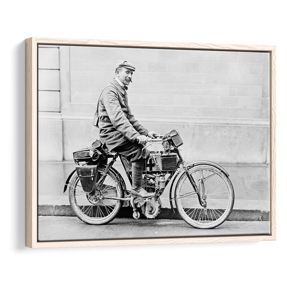 Old Motorcycle Print Garage Decor Black and White Art Victorian Photography, Floating Framed Canvas Print