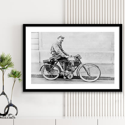 Old Motorcycle Print Garage Decor Black and White Art Victorian Photography, Framed Art Print White Border Wall Decor