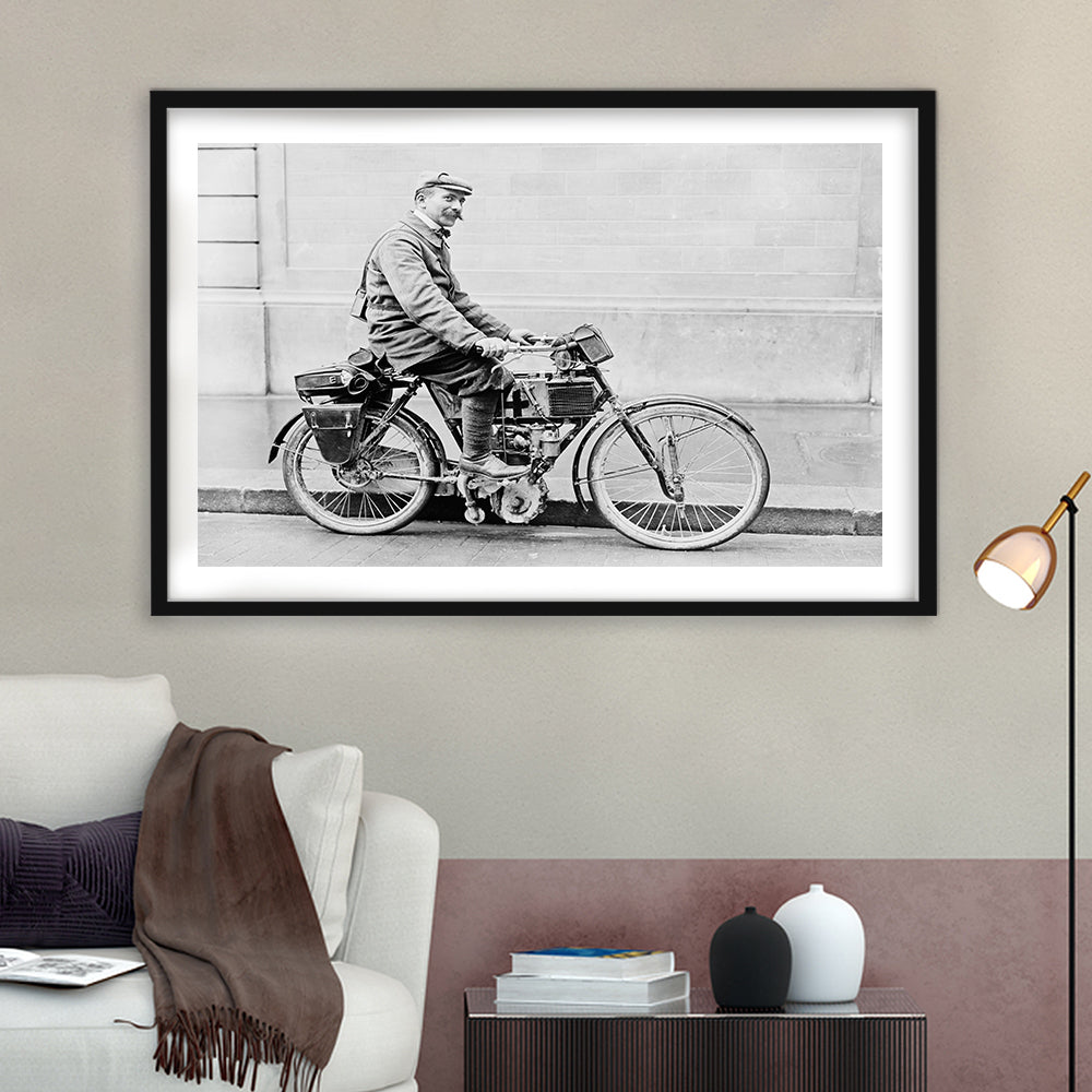 Old Motorcycle Print Garage Decor Black and White Art Victorian Photography, Framed Art Print White Border Wall Decor