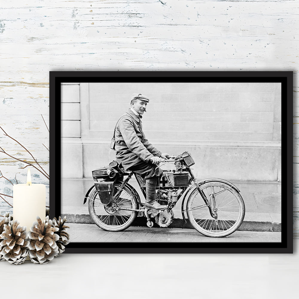 Old Motorcycle Print Garage Decor Black and White Art Victorian Photography, Floating Framed Canvas Print