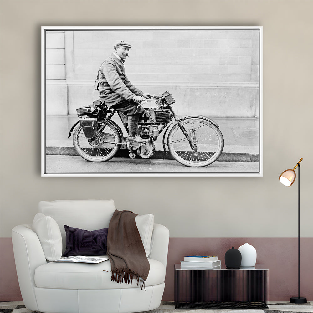 Old Motorcycle Print Garage Decor Black and White Art Victorian Photography, Floating Framed Canvas Print