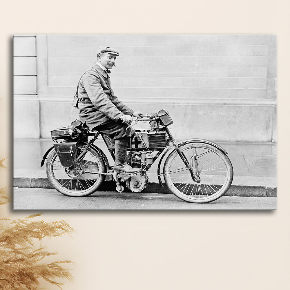 Old Motorcycle Print Garage Decor Black and White Art Victorian Photography, Canvas Print Wall Art Decor