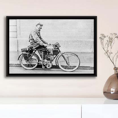 Old Motorcycle Print Garage Decor Black and White Art Victorian Photography, Floating Framed Canvas Print