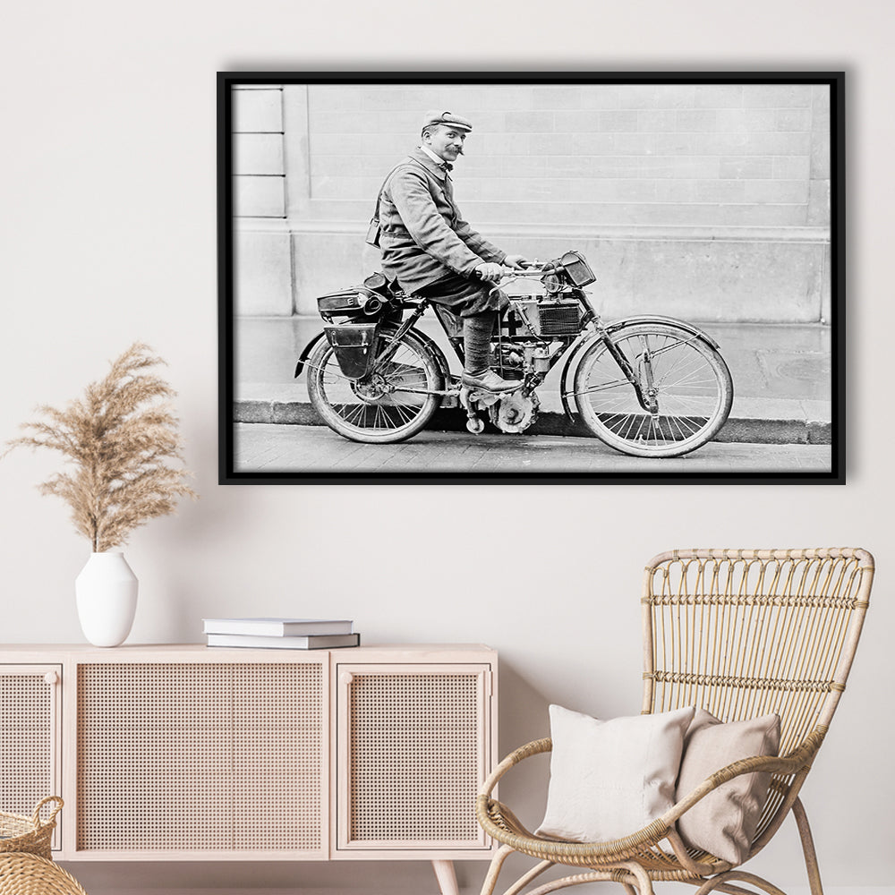 Old Motorcycle Print Garage Decor Black and White Art Victorian Photography, Floating Framed Canvas Print