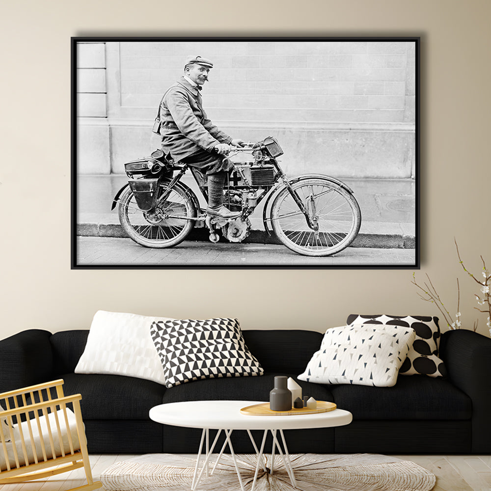 Old Motorcycle Print Garage Decor Black and White Art Victorian Photography, Floating Framed Canvas Print