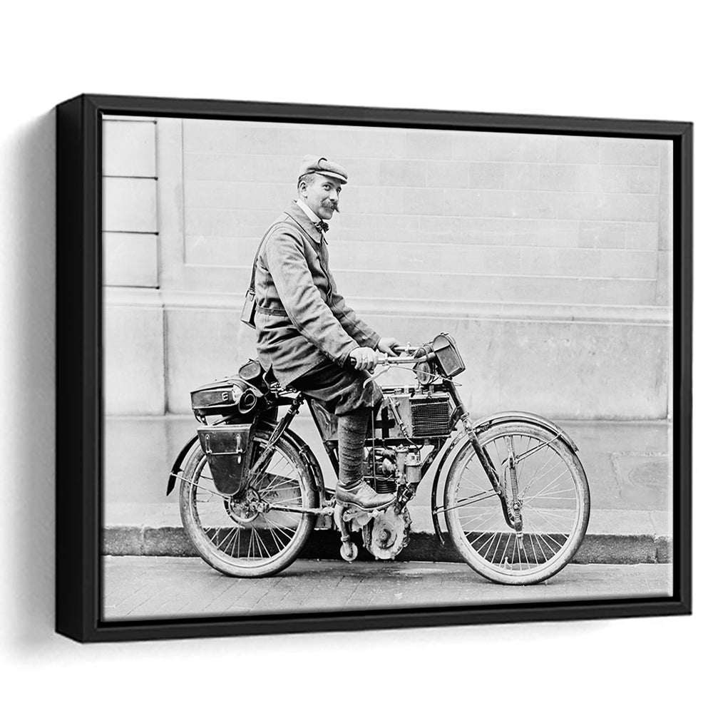Old Motorcycle Print Garage Decor Black and White Art Victorian Photography, Floating Framed Canvas Print