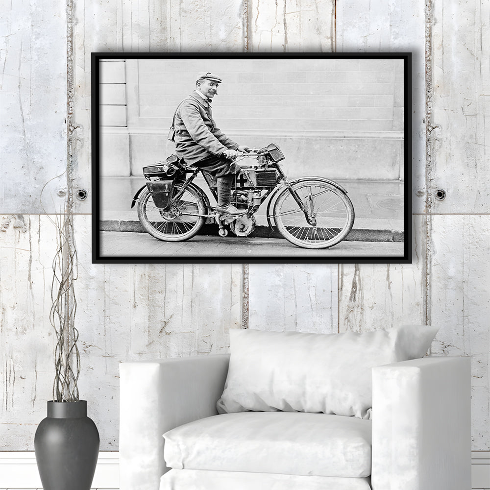Old Motorcycle Print Garage Decor Black and White Art Victorian Photography, Floating Framed Canvas Print