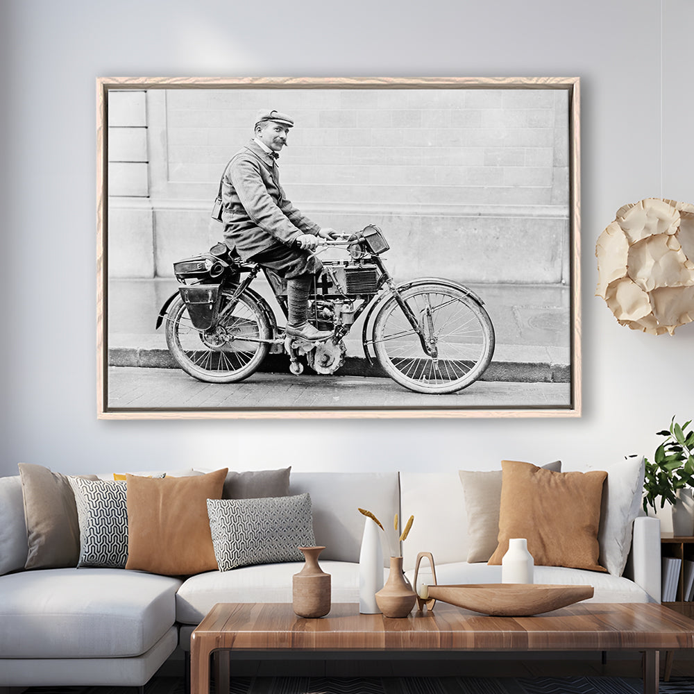 Old Motorcycle Print Garage Decor Black and White Art Victorian Photography, Floating Framed Canvas Print