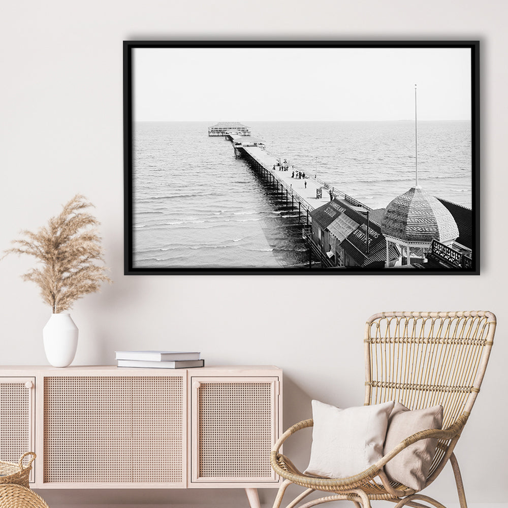 Old Orchard Beach Pier Black and White Art Ocean Photography Coastal Wall Art, Floating Framed Canvas Print