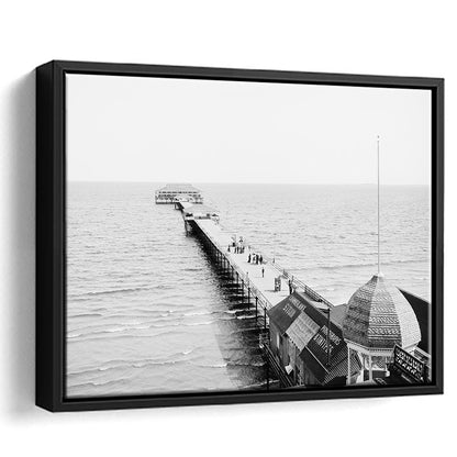 Old Orchard Beach Pier Black and White Art Ocean Photography Coastal Wall Art, Floating Framed Canvas Print