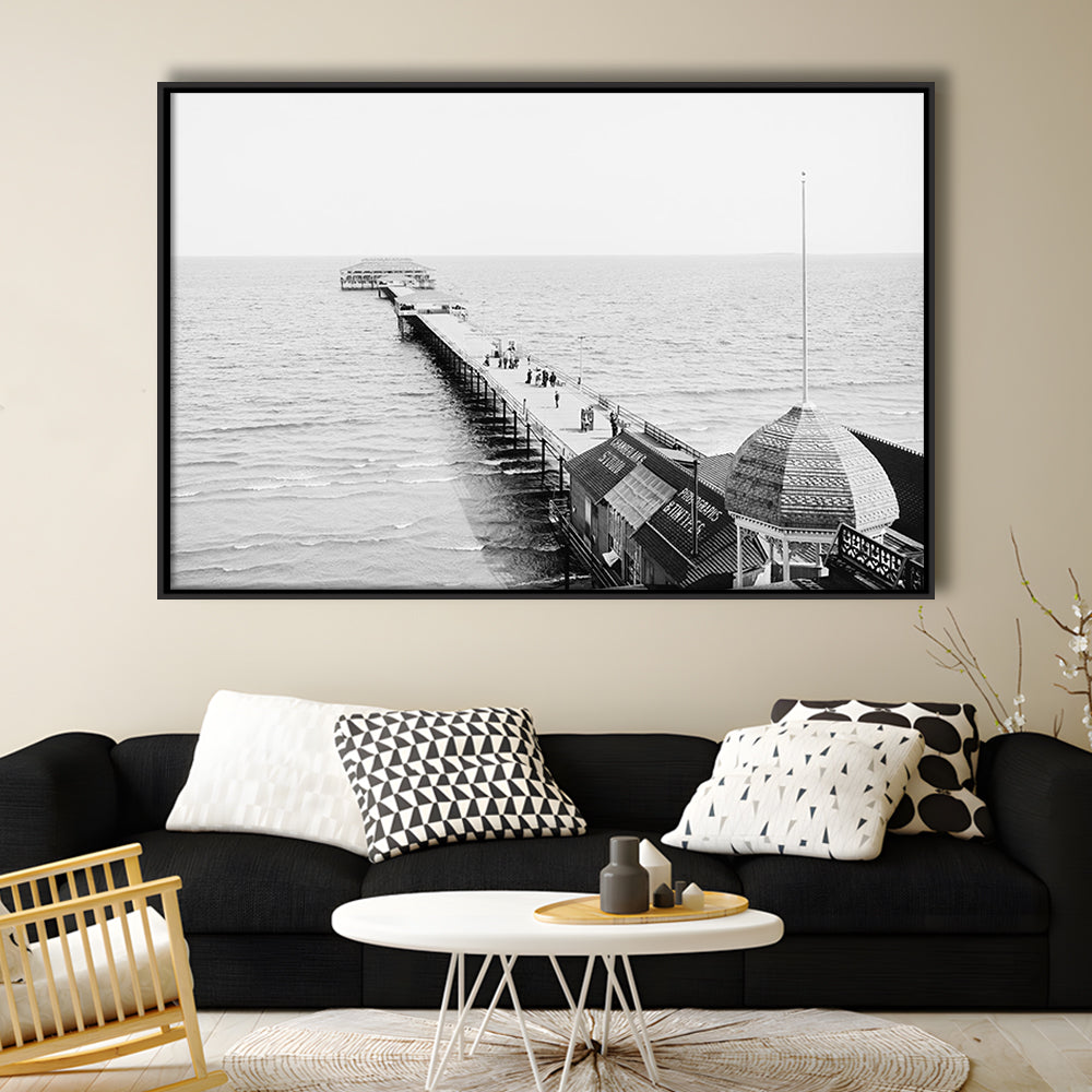 Old Orchard Beach Pier Black and White Art Ocean Photography Coastal Wall Art, Floating Framed Canvas Print