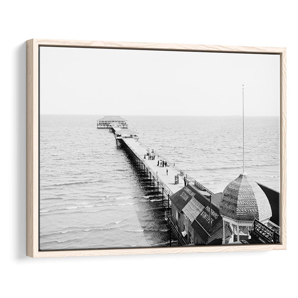 Old Orchard Beach Pier Black and White Art Ocean Photography Coastal Wall Art, Floating Framed Canvas Print