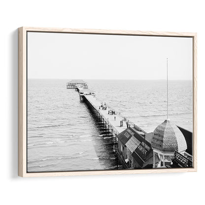 Old Orchard Beach Pier Black and White Art Ocean Photography Coastal Wall Art, Floating Framed Canvas Print