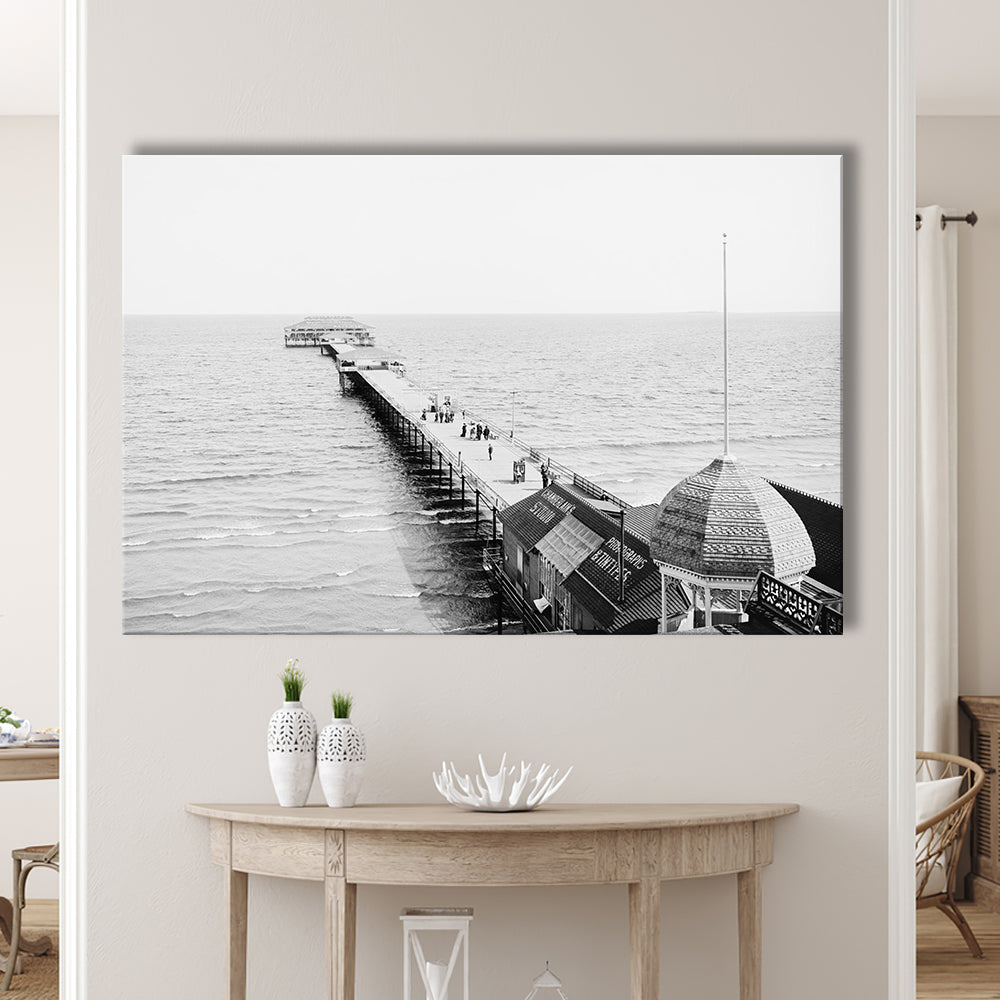 Old Orchard Beach Pier Black and White Art Ocean Photography Coastal Wall Art, Canvas Print Wall Art Decor