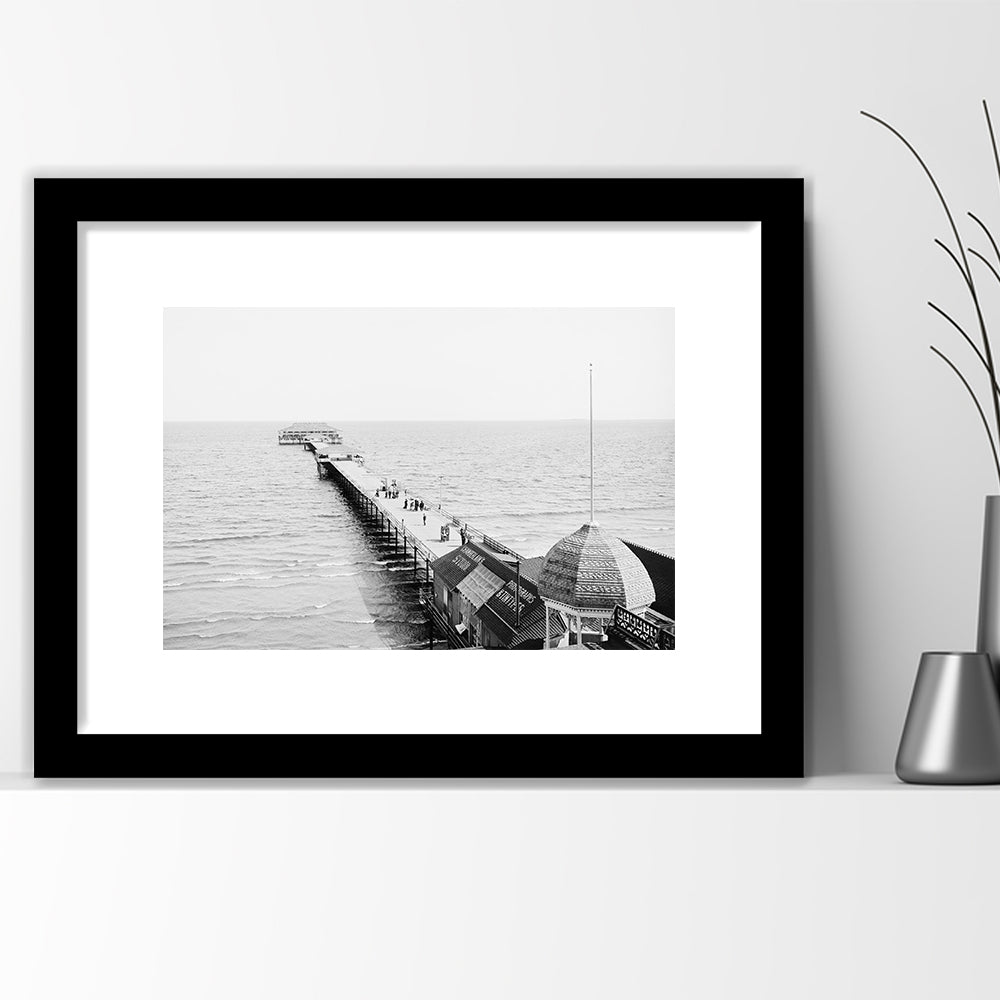 Old Orchard Beach Pier Black and White Art Ocean Photography Coastal Wall Art, Framed Art Print White Border Wall Decor