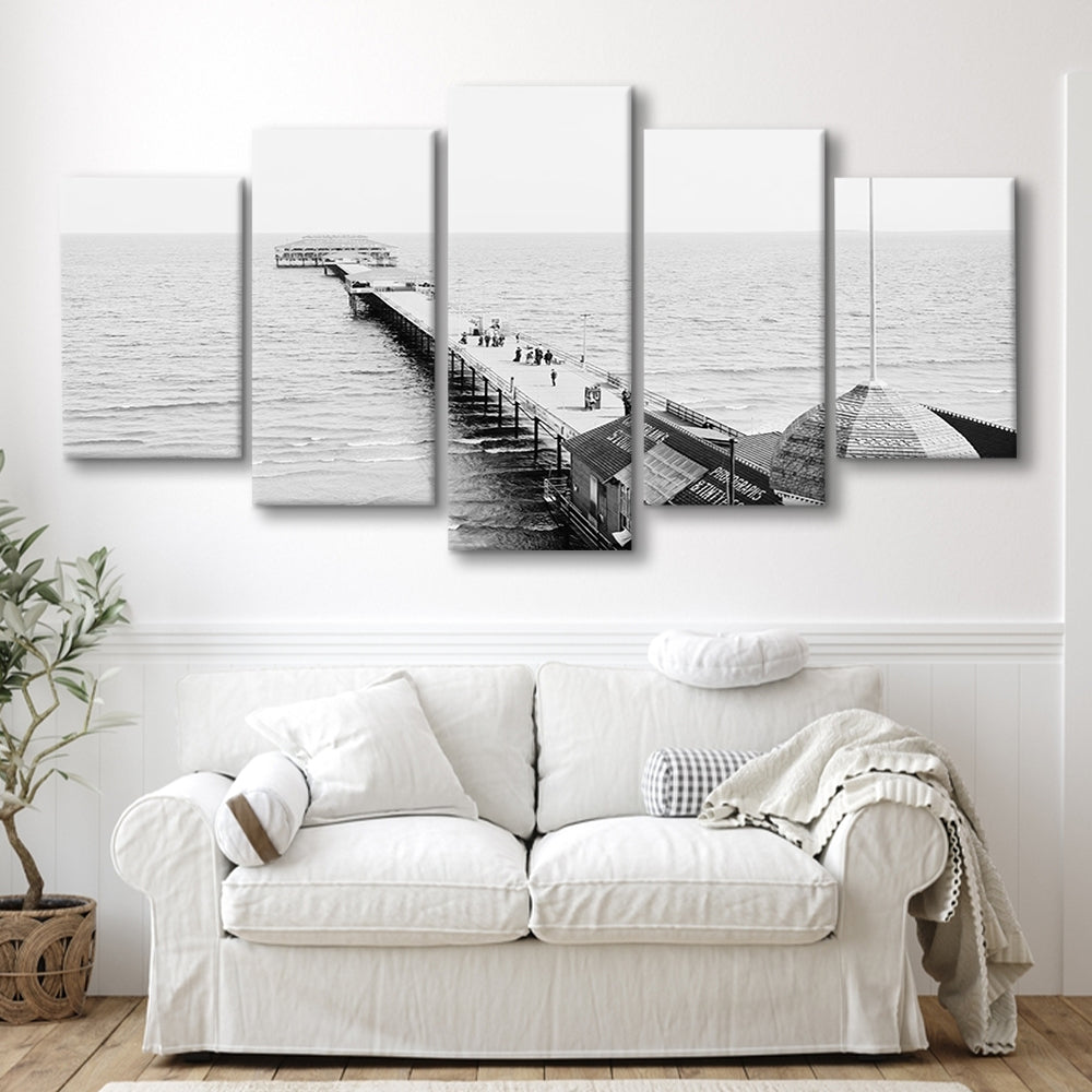 Old Orchard Beach Pier Black and White Art Ocean Photography Coastal Wall Art, Mixed 5 Pieces Canvas Print