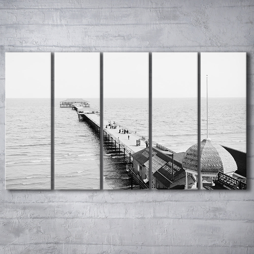 Old Orchard Beach Pier Black and White Art Ocean Photography Coastal Wall Art, 5 Pieces Large Canvas Print