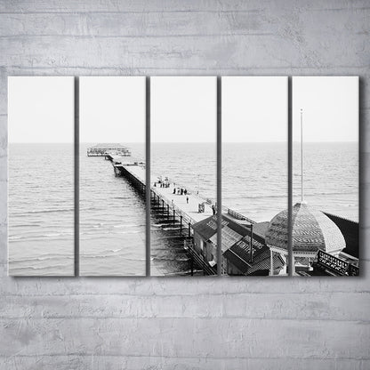 Old Orchard Beach Pier Black and White Art Ocean Photography Coastal Wall Art, 5 Pieces Large Canvas Print