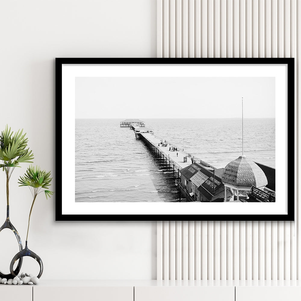Old Orchard Beach Pier Black and White Art Ocean Photography Coastal Wall Art, Framed Art Print White Border Wall Decor