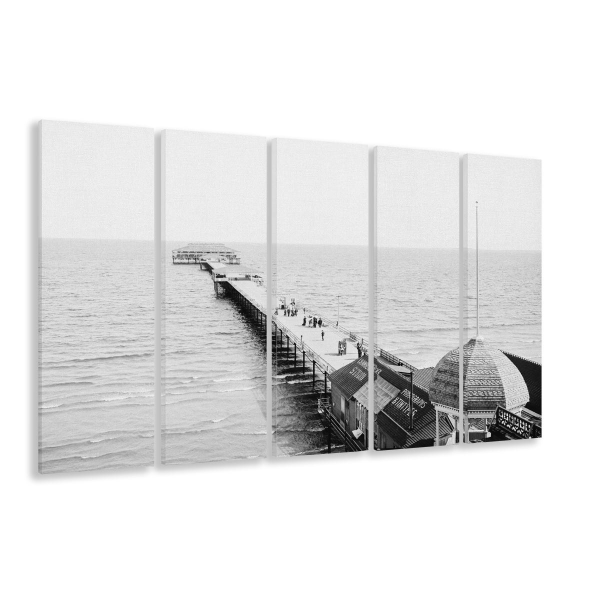 Old Orchard Beach Pier Black and White Art Ocean Photography Coastal Wall Art, 5 Pieces Large Canvas Print