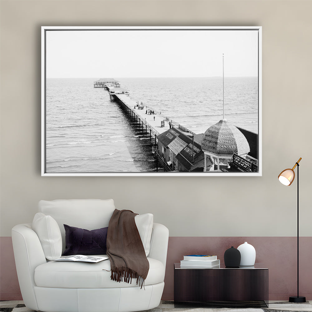 Old Orchard Beach Pier Black and White Art Ocean Photography Coastal Wall Art, Floating Framed Canvas Print
