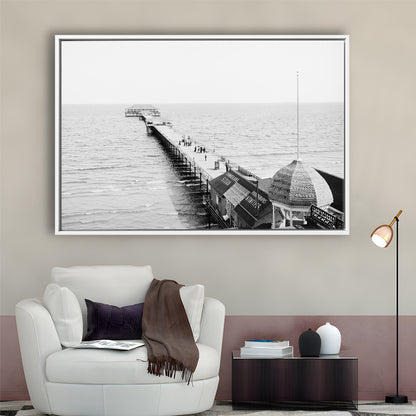 Old Orchard Beach Pier Black and White Art Ocean Photography Coastal Wall Art, Floating Framed Canvas Print