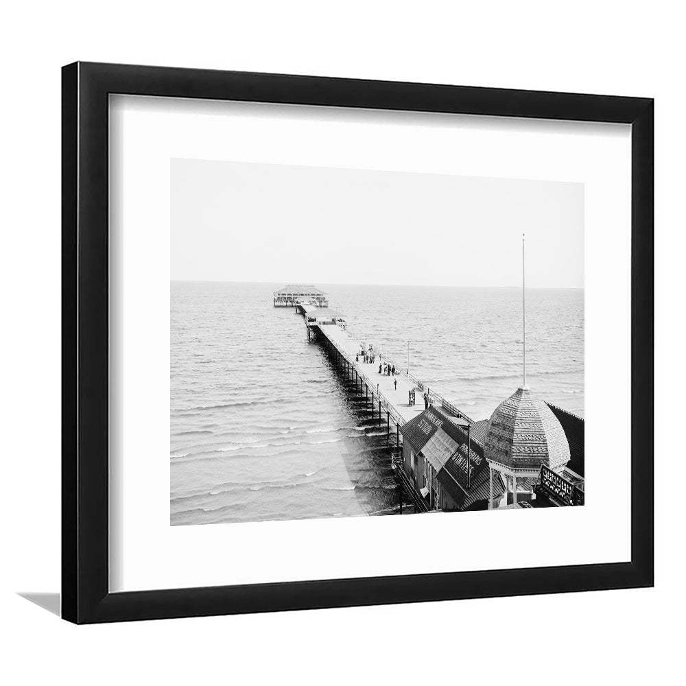 Old Orchard Beach Pier Black and White Art Ocean Photography Coastal Wall Art, Framed Art Print White Border Wall Decor