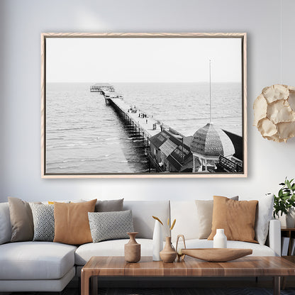 Old Orchard Beach Pier Black and White Art Ocean Photography Coastal Wall Art, Floating Framed Canvas Print