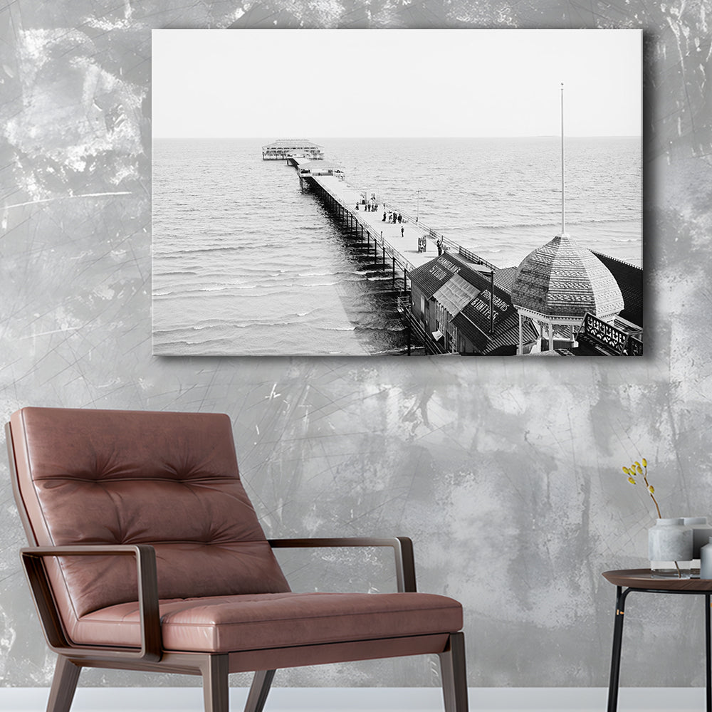 Old Orchard Beach Pier Black and White Art Ocean Photography Coastal Wall Art, Canvas Print Wall Art Decor