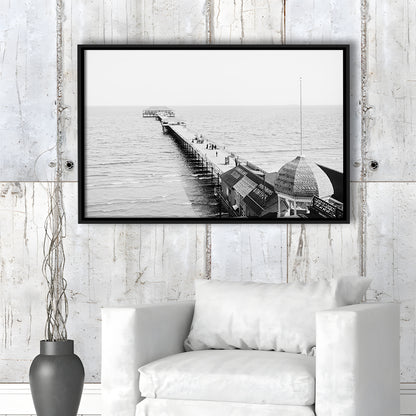 Old Orchard Beach Pier Black and White Art Ocean Photography Coastal Wall Art, Floating Framed Canvas Print