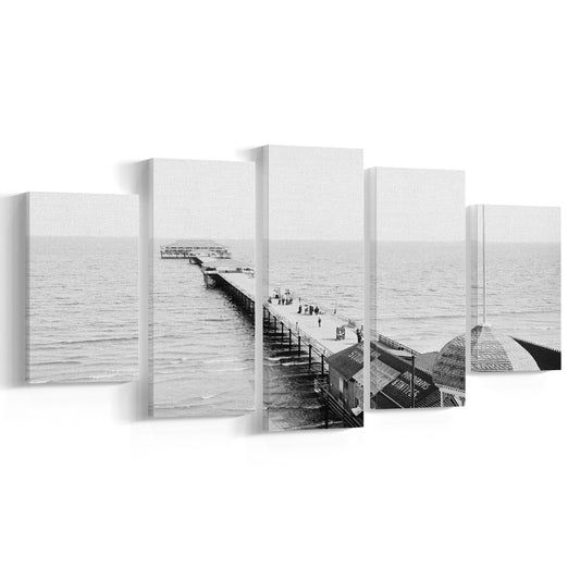 Old Orchard Beach Pier Black and White Art Ocean Photography Coastal Wall Art, Mixed 5 Pieces Canvas Print