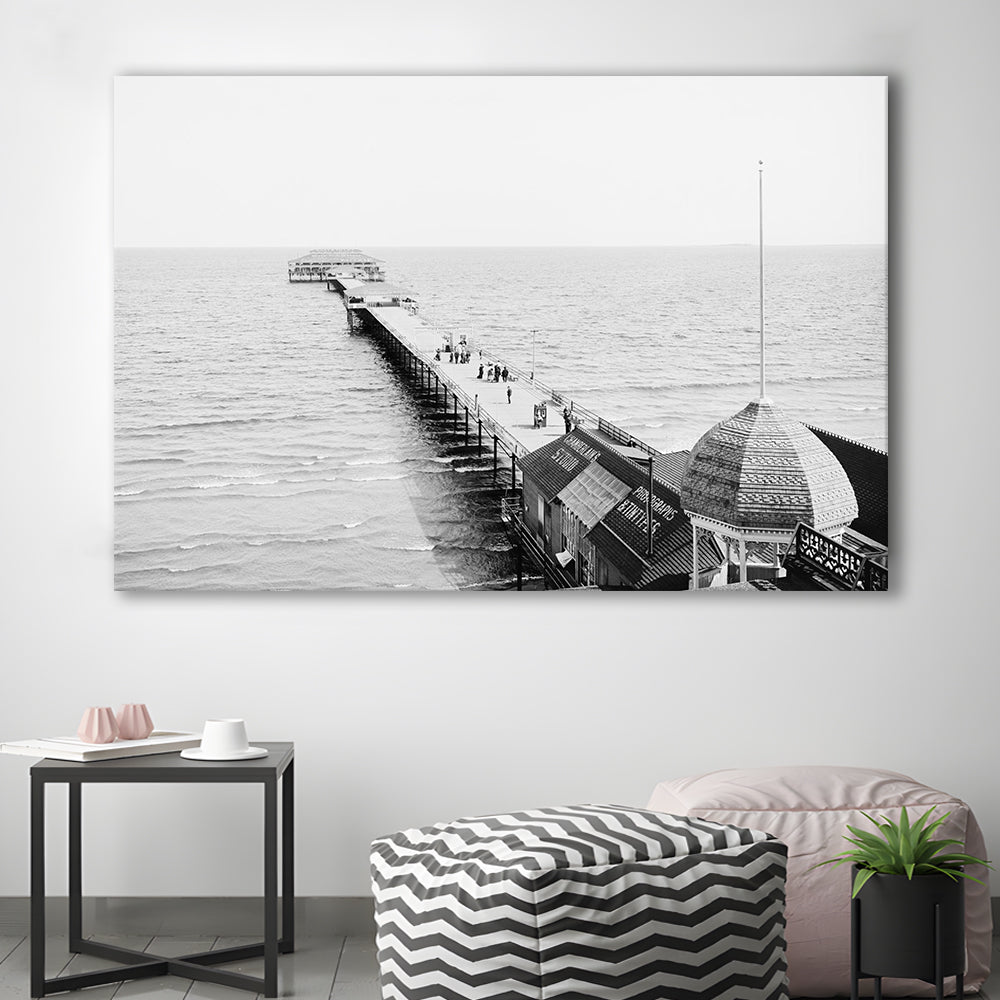 Old Orchard Beach Pier Black and White Art Ocean Photography Coastal Wall Art, Canvas Print Wall Art Decor