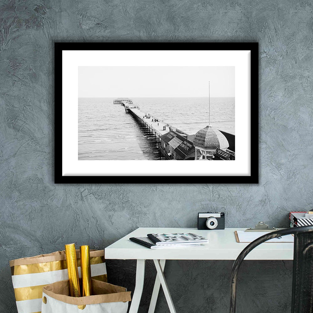 Old Orchard Beach Pier Black and White Art Ocean Photography Coastal Wall Art, Framed Art Print White Border Wall Decor