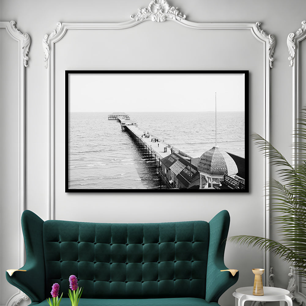 Old Orchard Beach Pier Black and White Art Ocean Photography Coastal Wall Art, Framed Art Print Wall Decor