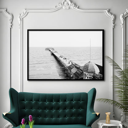 Old Orchard Beach Pier Black and White Art Ocean Photography Coastal Wall Art, Framed Art Print Wall Decor