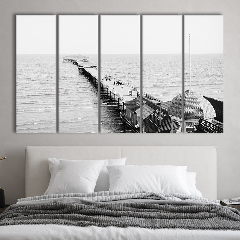 Old Orchard Beach Pier Black and White Art Ocean Photography Coastal Wall Art, 5 Pieces Large Canvas Print
