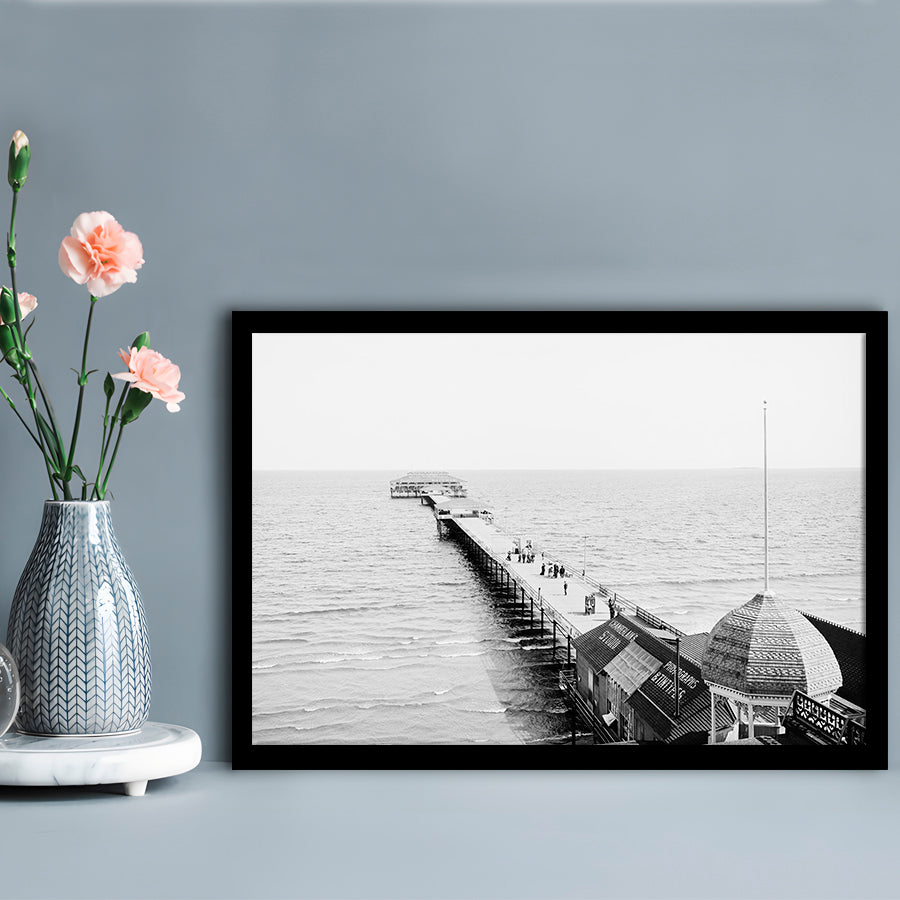 Old Orchard Beach Pier Black and White Art Ocean Photography Coastal Wall Art, Framed Art Print Wall Decor