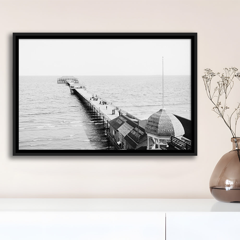 Old Orchard Beach Pier Black and White Art Ocean Photography Coastal Wall Art, Floating Framed Canvas Print