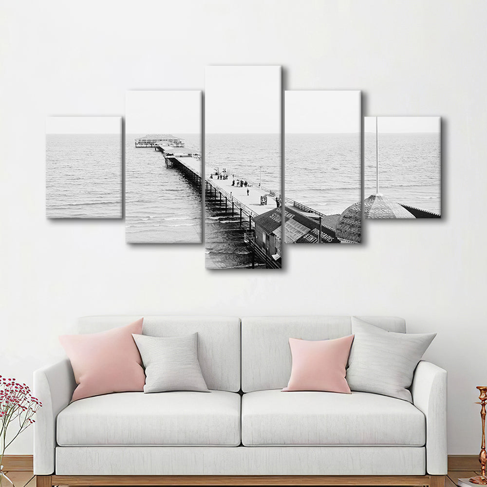 Old Orchard Beach Pier Black and White Art Ocean Photography Coastal Wall Art, Mixed 5 Pieces Canvas Print